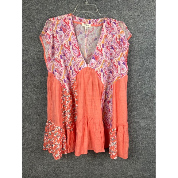 Umgee Tunic Top Women's Size S Coral Mixed Print  Boho Ruffle V-Neck - Picture 2 of 10